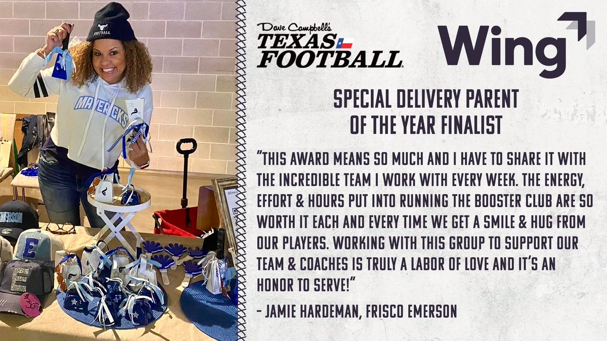 Vote for our Special Delivery Parent of the Year Award presented by <a href="/Wing/">Wing</a>!

Voting = UNLIMITED through Friday 2/9, so vote early and vote often!

Our next nominee is <a href="/jamiehardeman2/">Jamie Hardeman</a> from <a href="/EHSMavsFB/">EmersonFB</a>!

<a href="/EHSFrisco/">Emerson High School</a> | #dctf #txhsfb 

🔗: texasfootball.com/special-delive…