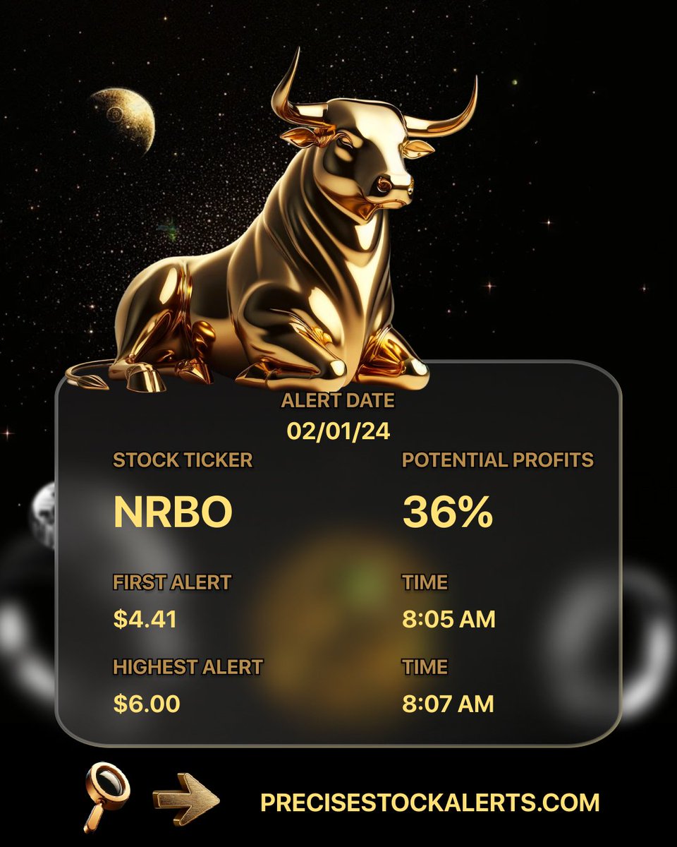 PreciseStocks's tweet photo. JOIN US!
https://t.co/7Or9ke83Cd
$NRBO has been alerted From
$4.41 (8:05 AM) to $6.00 (8:07 AM)
with a 36% Gain!
#NRBO #financialfreedom #SharesTrading #stockmarketcrash $PLTR $AMD $MSFT https://t.co/Oi3BmovSB6