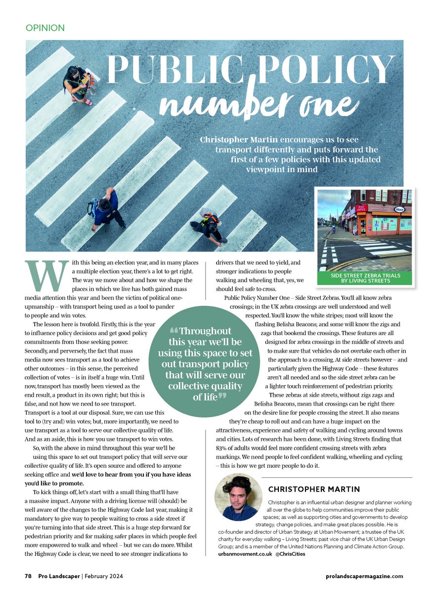 Quite an election year ahead of us, so I am using my Pro Landscaper column to set out our URBAN ASKS.

For those looking to get keys to a public office take note, so you can also unlock better urban environments for people, place and planet.

First up, the humble side road zebra