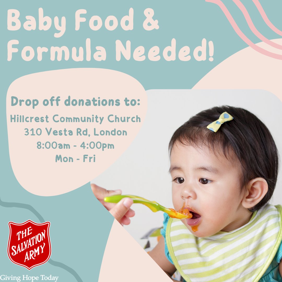 The Salvation Army London Community & Family Services food bank is still in great need of baby food and baby formula.  Please donate today! #GivingHopeToday #Ldnont