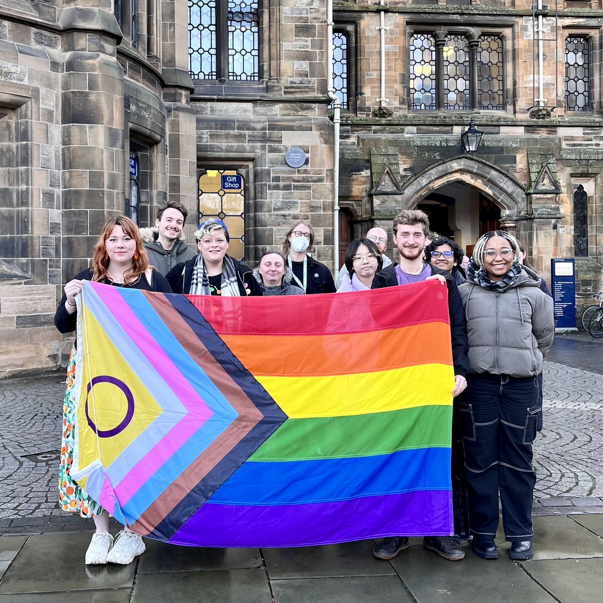 Today, we proudly joined students & colleagues @glasgowunisrc @uofglgbt as they raised the progressive pride flag to celebrate the beginning of LGBTQ+ History Month. 🏳️‍🌈 🏳️‍⚧️

#LGBTQHistoryMonth #OneTeamUofG

@UofGEstates @UofGEquality