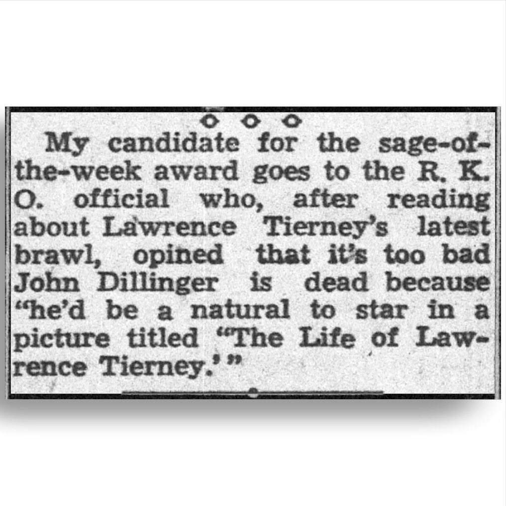 Jimmie Fidler’s column, February 1, 1947.
LawrenceTierneyBook.com
#LawrenceTierney #JimmieFidler #Dillinger