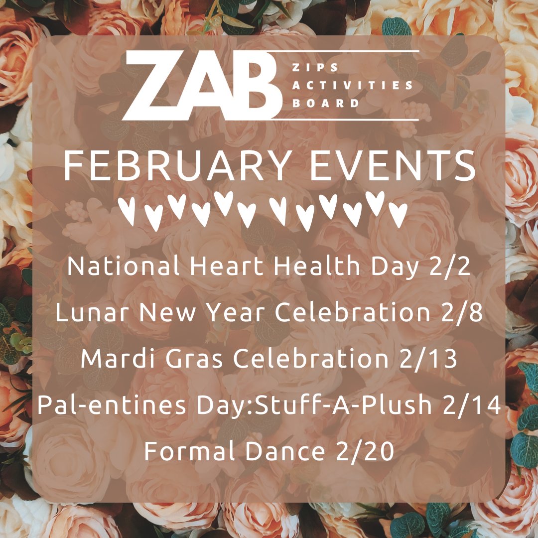 UAkronZAB's tweet photo. Save the date for ZAB’s February events! https://t.co/j9w9EKUf7U