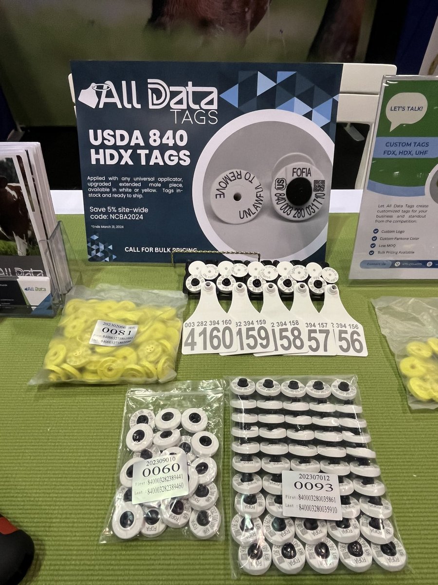 tags_data's tweet image. Stop by the All Data Tags booth 2529 at #NCBA #CattleCon24.  #USDA tags &amp;amp; FDX custom color logo tags 🤠 🐄 🇺🇸
