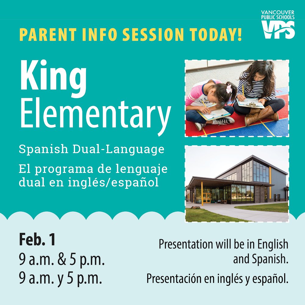 🏫 Parent Information Session TODAY! 👋 Are you interested in a Spanish dual-language education for your child? Come learn more about the dual-language program at King, meet the staff, and find out how to apply! Explore all elementary options: vansd.org/elementary-opt…