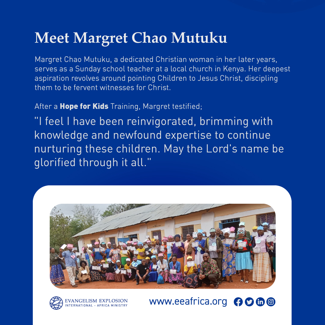 'I feel I have been reinvigorated, brimming with knowledge and newfound expertise to continue nurturing these children. May the Lord's name be glorified through it all.' - Margret Chao Mutuku, a local church Sunday school teacher in Kenya. 

#HopeForKids #Discipleship