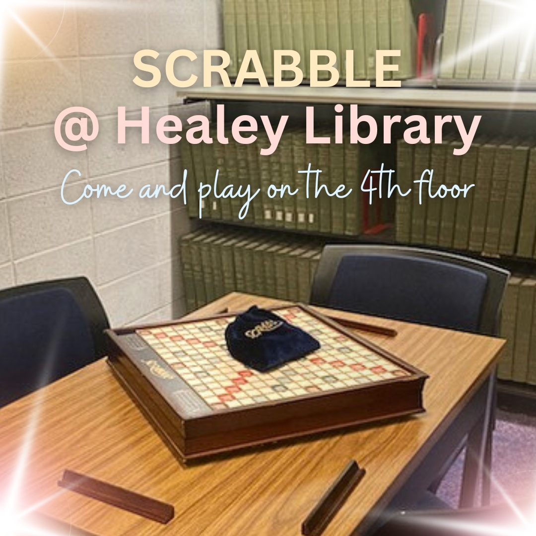 Unwind at Healey Library! We've set up Scrabble on the 4th floor for a #StudyBreak. Grab a friend, spell some words, and let the relaxation or battle (if you like to get more competitive) begin!