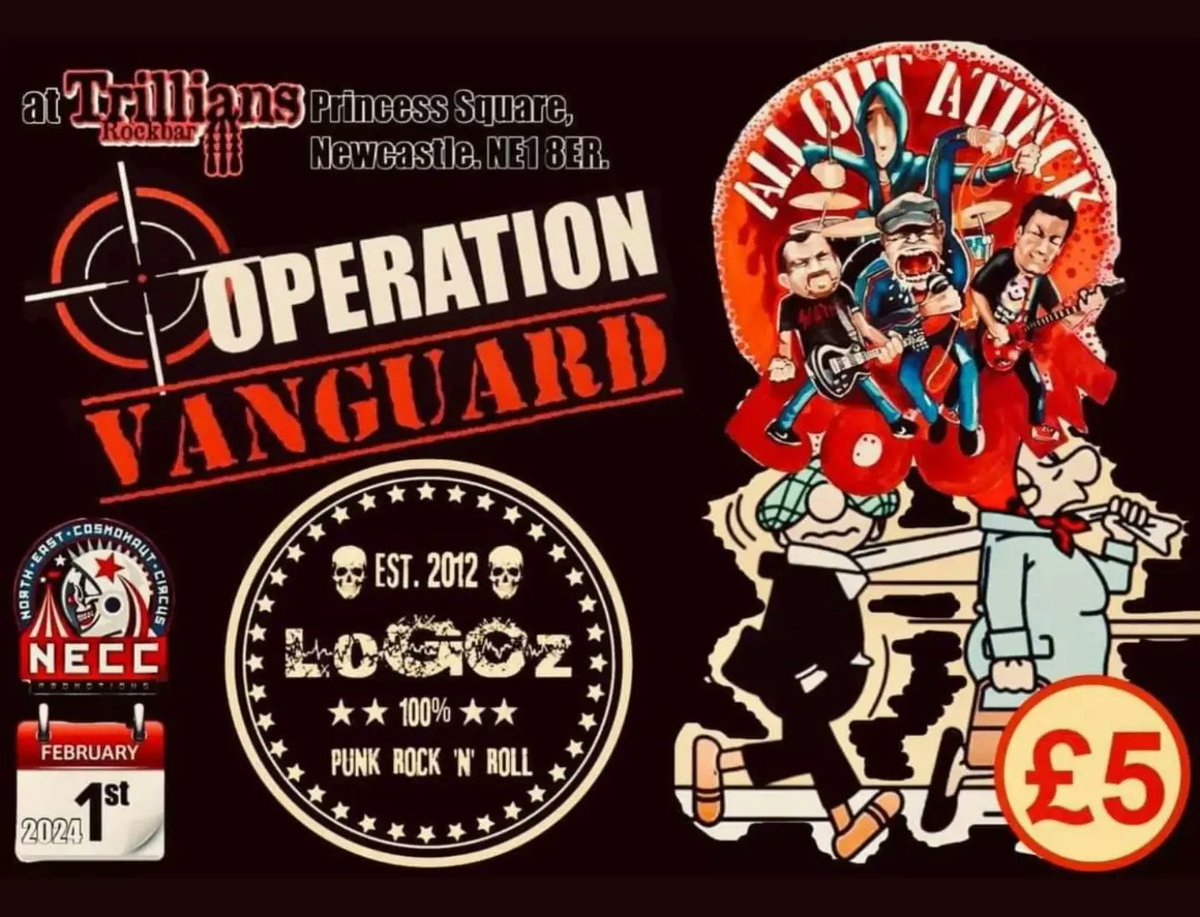LoGOz_UK's tweet photo. TONIGHT @LoGOz_UK back in Live action first gig of the year at the brilliant @TrilliansRock #NEWCASTLE with our punk rock buddies #OperationVanguard / #AllOutAttack 7pm £5 OTD First band 7:30pm get down and start ya weekend early folks! Hope to see some familiar faces in there! https://t.co/L5JfutXQCn