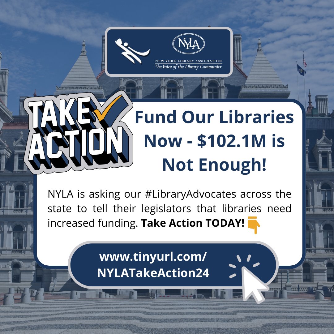 🚨NYLA Advocacy Alert!🚨 We need our #LibraryAdvocates across the state to tell their legislators that libraries need increased funding. $102.1M is NOT enough. Take Action TODAY via OneClickPolitics 👉️oneclickpolitics.global.ssl.fastly.net/messages/edit?…