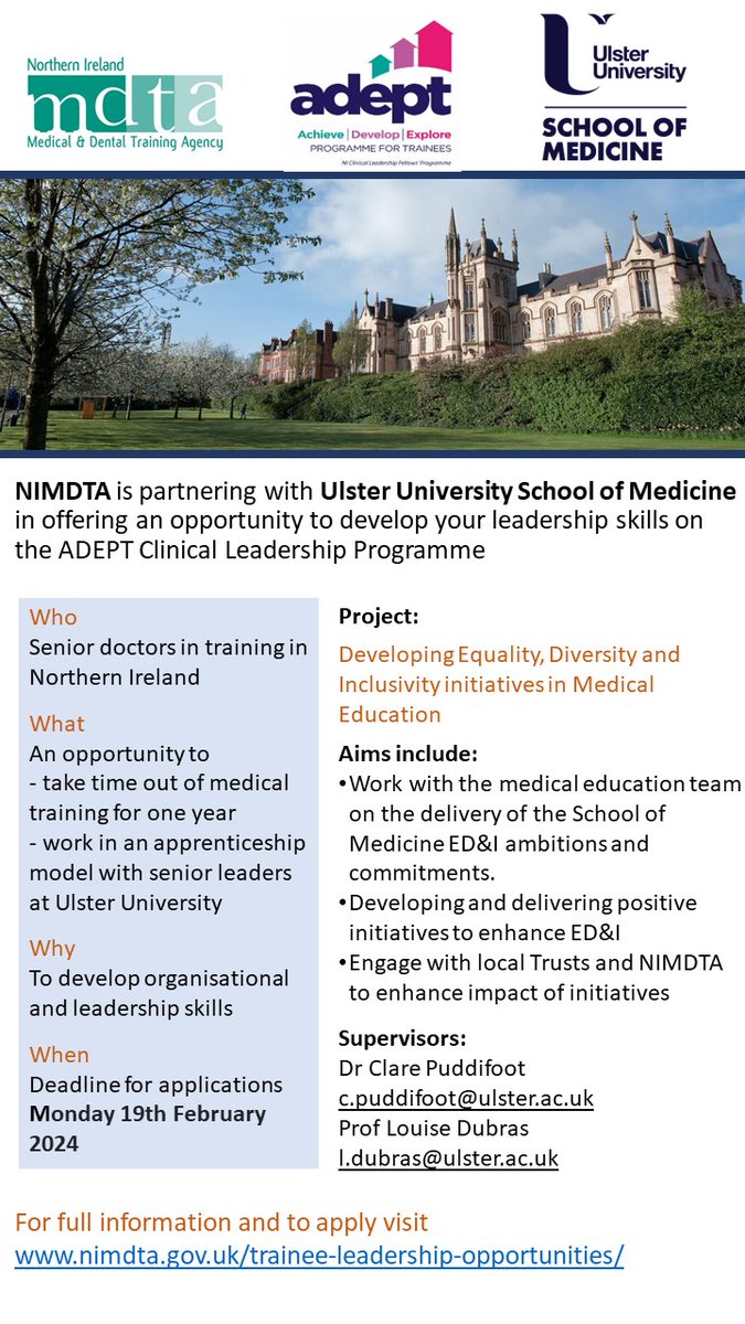 👋Develop your #leadership skills on the ADEPT #Clinical Leadership Programme Apply here: nimdta.gov.uk/trainee-leader…