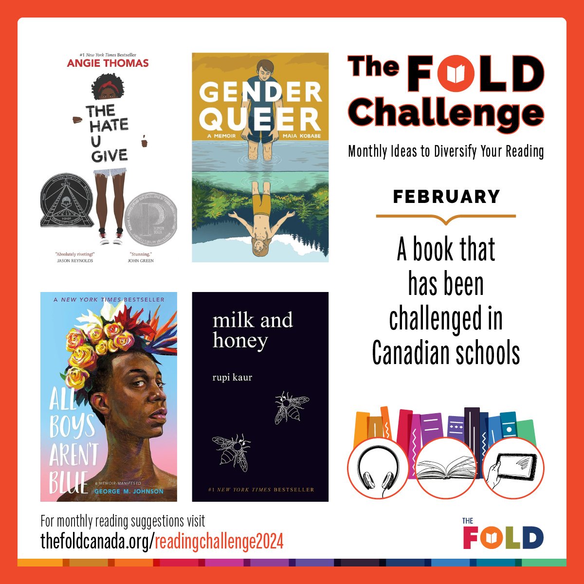 TheFOLD_'s tweet photo. Itโs the first day of February, which means we have a brand new #FoldChallenge for you! This month, we invite you to read books that have been challenged in Canadian schools.
Check out these recommendations on the FOLD website today:
https://t.co/gCILJPaiRh https://t.co/Xzn3XpU4cz