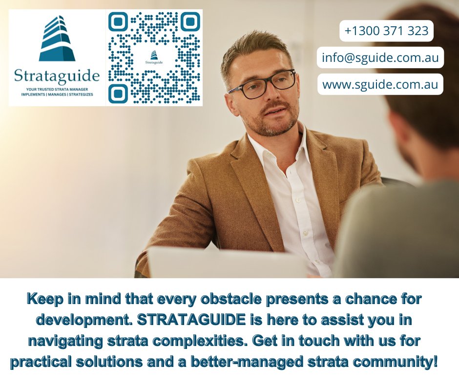Transform Obstacles Into Growth Possibilities! 🌟💼 Allow STRATAGUIDE to lead you through the intricacies of strata. Speak with us about working solutions and a vibrant community! 

#StrataSuccess #GuidingYourPath #condomanagement #home #communityliving #properties