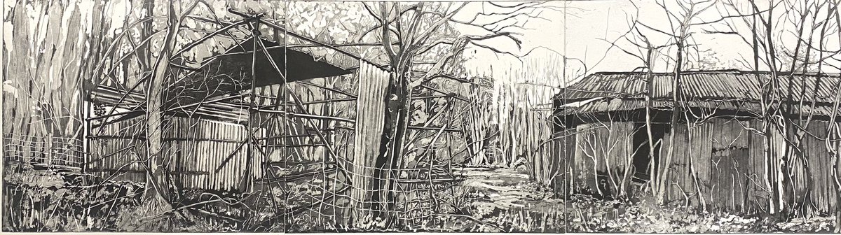 After an intense and frustrating struggle with the aquatint I think I have finally got this three plate etching how I want it. Now to start editioning and to think of a suitable title. #etching #aquatint #printmaking #printmaker #panorama #barns #ramshackle #delapidation