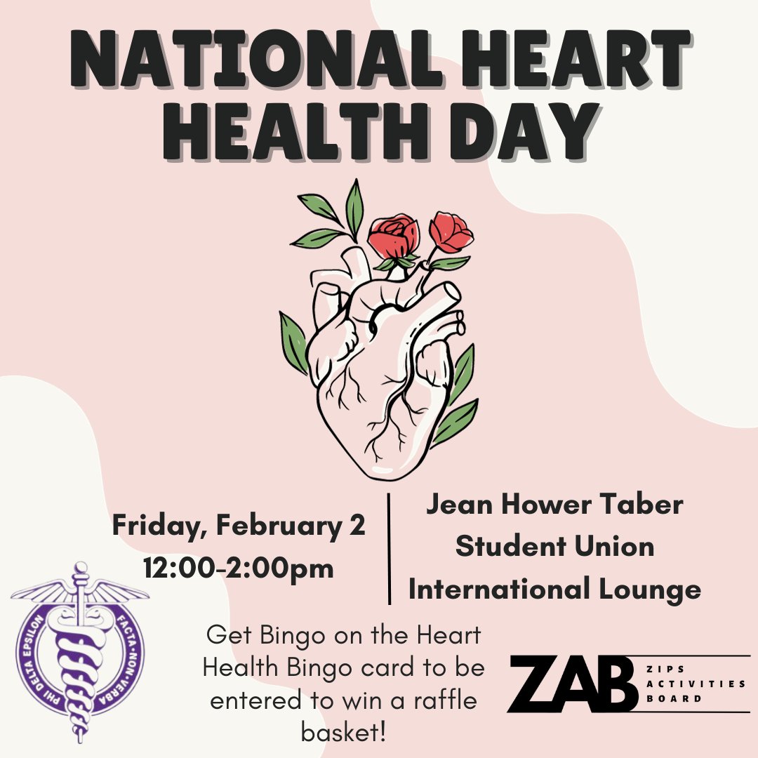 UAkronZAB's tweet photo. Is your heart healthy? National Heart Health Day is next week! Stop by the Student Union International Lounge on Friday, February 2nd between 12 and 2pm to get BINGO on our Heart Health Board for a chance to win an Apple Watch and other great prizes! https://t.co/QsmqCUF8Sb