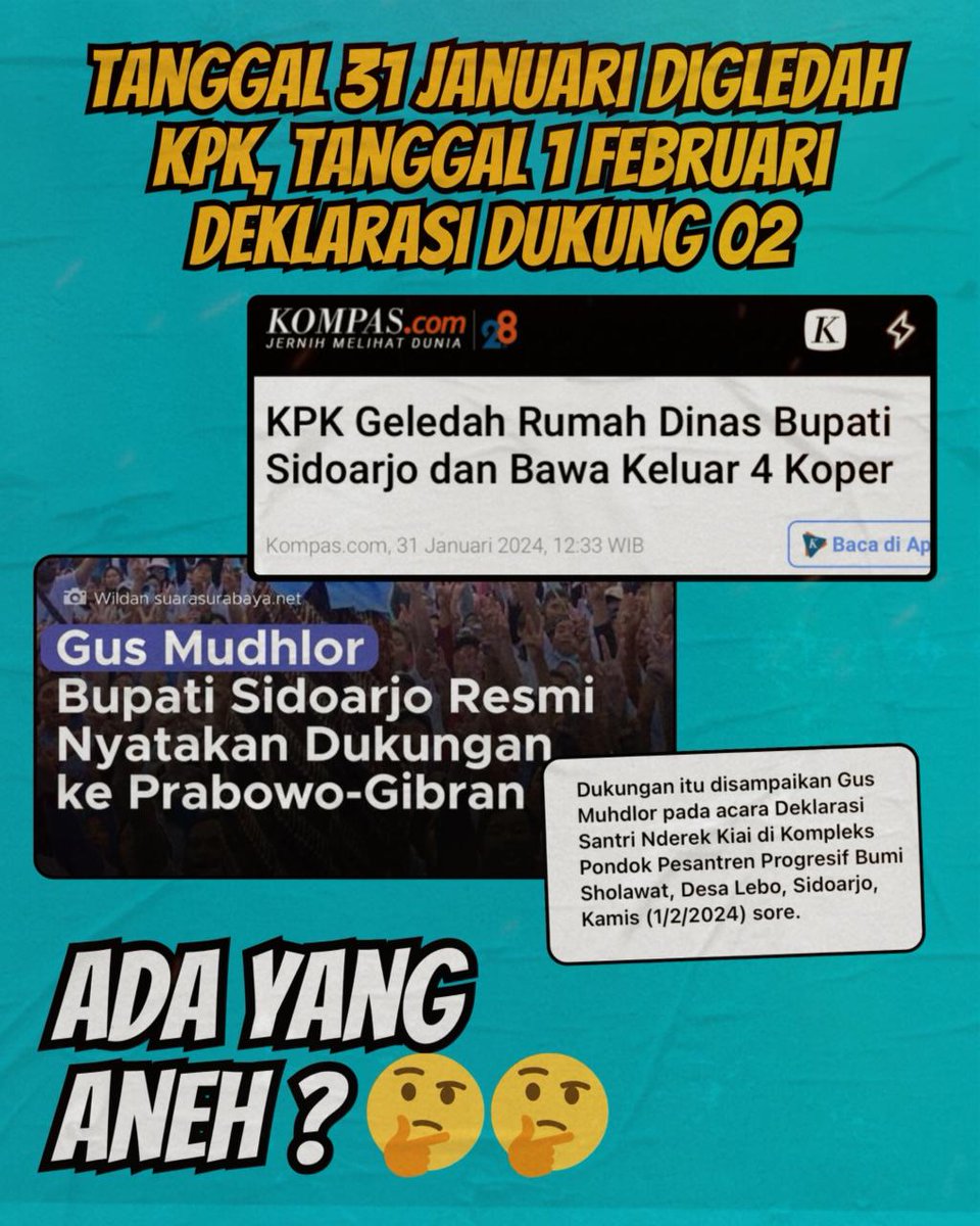 JhonSitorus_18's tweet photo. 31 Januari Digeledah KPK, 1 Februari langsung deklarasi dukung 02

Gak mau dukung? Awas KPK mengintai. Mau selamat? Deklarasi dong

Benar2 MENGERIKAN ancaman dukung mendukung politik skrng ini, sungguh diluar nalar

#AsalBukan02 https://t.co/OU12jVz72A
