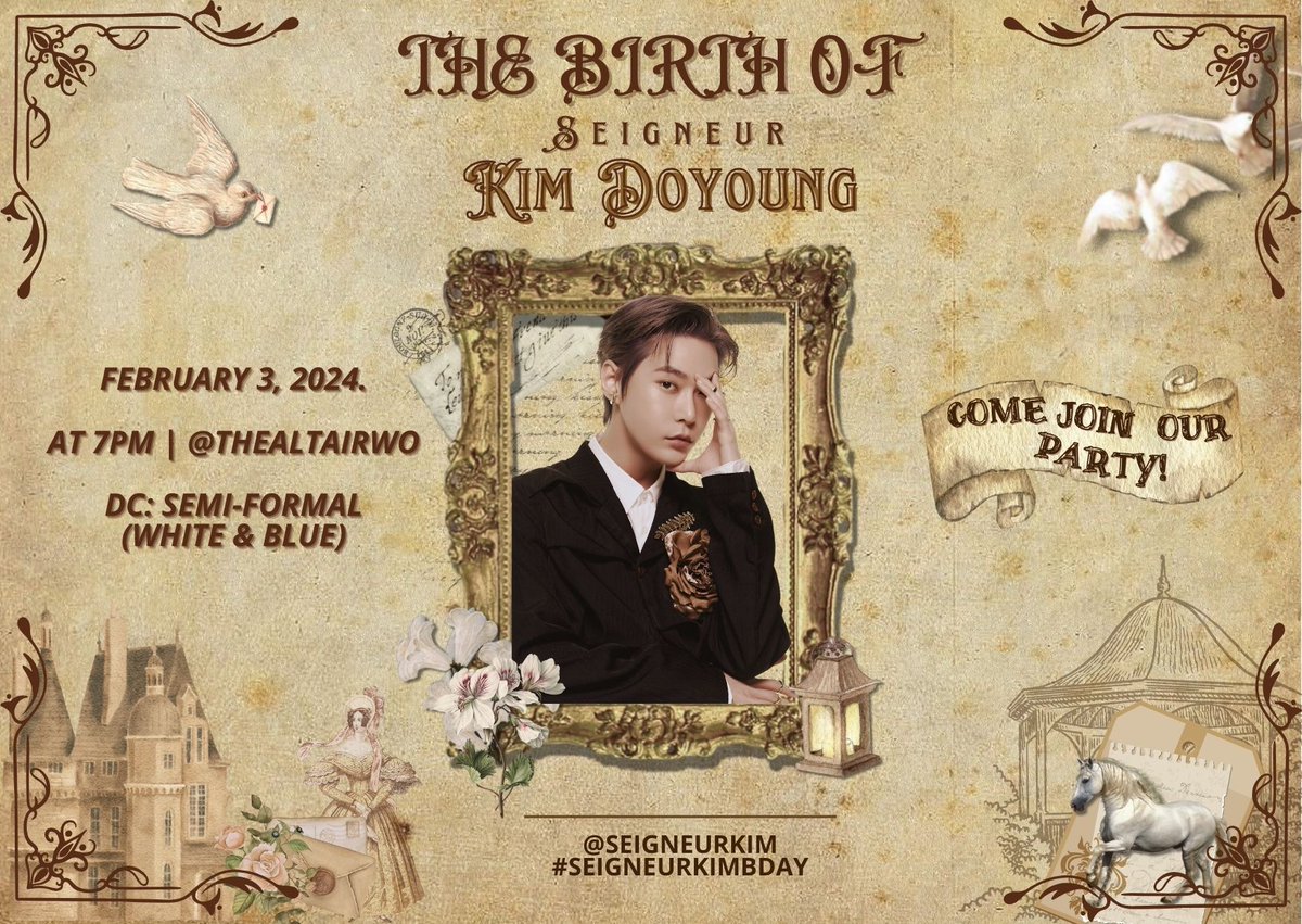 ㅤ
ㅤㅤㅤㅤㅤㅤ   ㅤ 𝗦𝗔𝗩𝗘 𝗧𝗛𝗘 𝗗𝗔𝗧𝗘!
ㅤㅤㅤㅤㅤㅤ ㅤ #SeigneurKimBday
ㅤㅤㅤㅤㅤ━━━━━━━━━━━━━━━━━━━━
ㅤㅤㅤ  “The Birth of Seigneur Kim Doyoung”
ㅤㅤ<a href="/THEALTAIRWO/">The Altair 🌴</a> | February 3, 2024 at 7 PM
ㅤㅤㅤㅤㅤㅤSemi-formal: White &amp; Blue
ㅤ