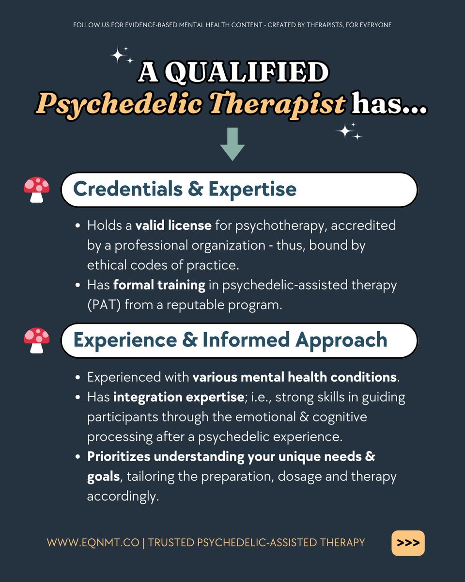 EqnmtHealth's tweet photo. 🫧 Important factors to consider when choosing a therapist to guide you on an evidence-based psychedelic-assisted therapy journey >>

Are we the right fit for you? Visit us at 🌐 https://t.co/q1hnbQRz5d
.
 #PsychedelicTherapy #PsychedelicRetreat #TherapyJourney #PsychedelicSafety https://t.co/GGO2WF8ar4