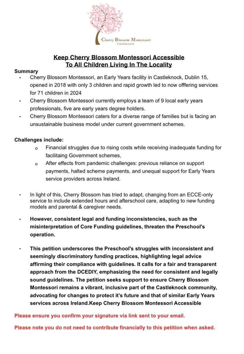 Long read but might show what many smaller services have been going through. Speaking for our ECCE only preschool but fully aware the fee freeze is making different models unsustainable too. No need to donate, please verify signature in email. 
Thank you
chng.it/rsfP2LVgfr