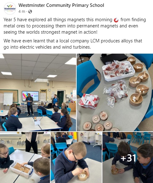 A huge thanks to Years 5 & 6 at Westminster Community Primary School for welcoming the LCM & @XploreScienceUK team this morning for the Mine to Magnet Workshop. It was a pleasure to deliver it to the children & great to see how much they learned about the supply chain for EVs.