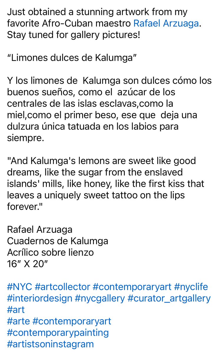 Just obtained a stunning artwork “Limones dulces de Kalumga” from my favorite #AfroCuban maestro #RafaelArzuaga. Stay tuned for gallery pictures!