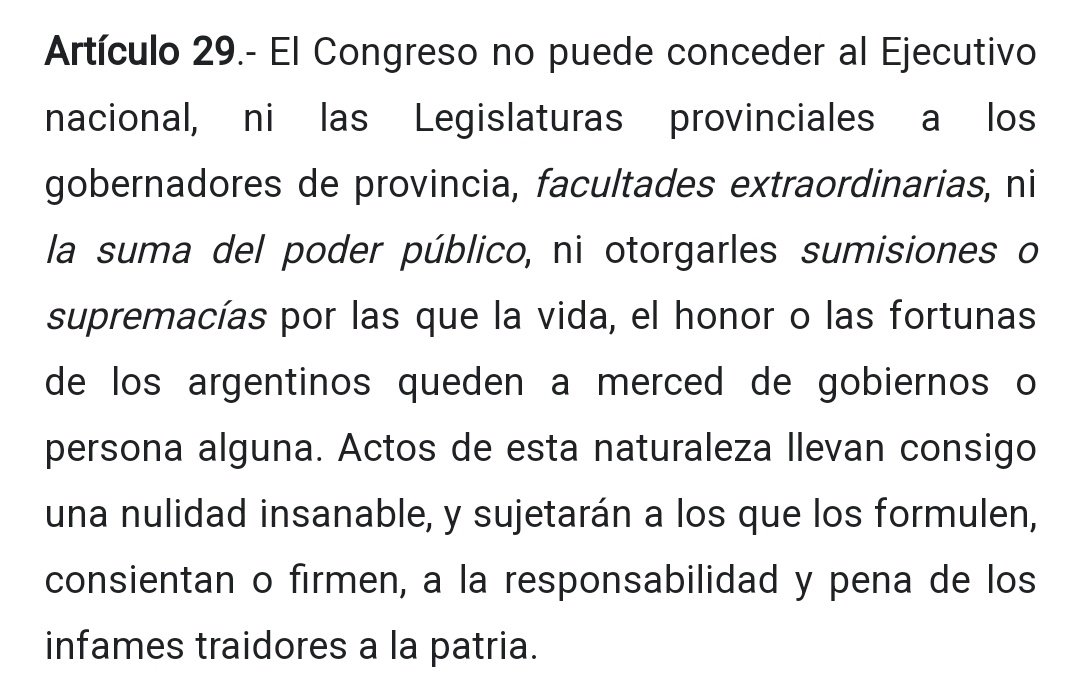 ArrepentidosLLA's tweet photo. Cuando todo esto termine no hay que olvidar el Artículo 29 de la Constitución Nacional. El pueblo exigirá el respectivo juicio por traición a la patria a cada diputado que vote facultades extraordinarias https://t.co/QED33HYpza