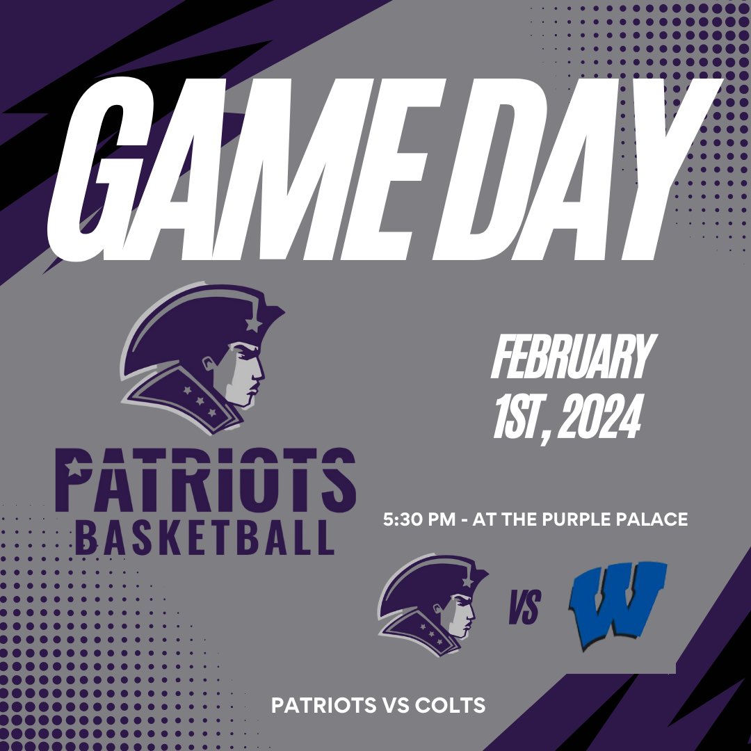 IT’S GAMEDAY!! Your Patriots will play TONIGHT at THE Purple Palace vs Woodland! JV tips at 5:30 pm and Varsity tips at 6:30 pm! Make sure to wear your purple and #packthepurplepalace #Patriotway #TGHT