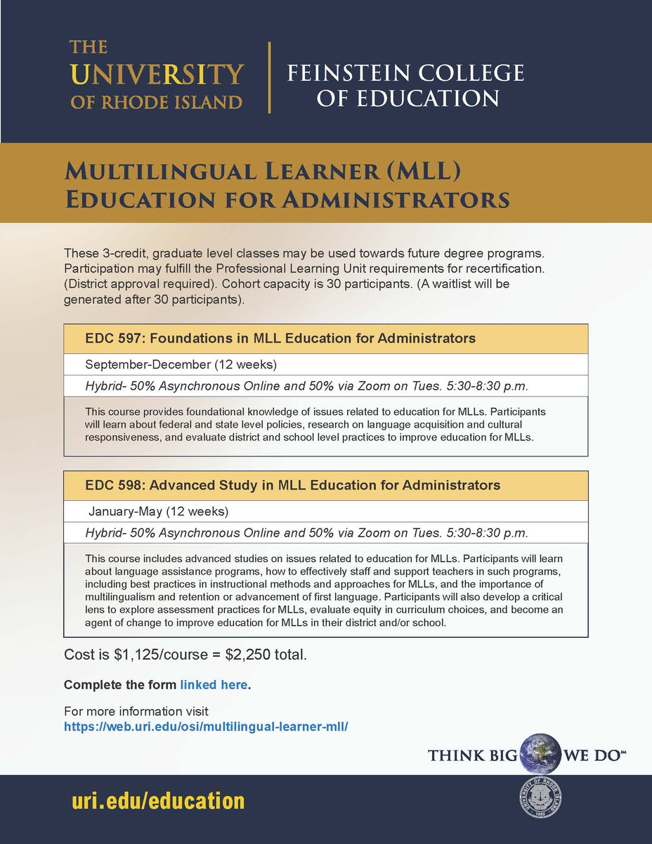 URI Feinstein College of Education (@uri_coedu) on Twitter photo Multilingual Learner (MLL) Education for Administrators. For more information visit ow.ly/9V7g50QwOHP Multilingual Learner (MLL) Education for Administrators. For more information visit ow.ly/9V7g50QwOHP