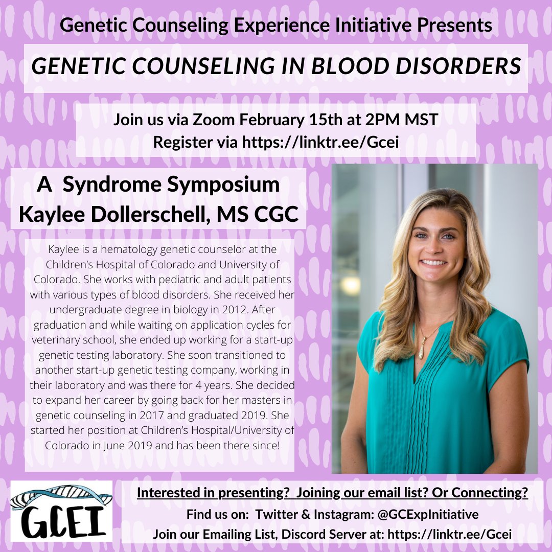 Hi #genechat! GCEI plans to have a syndrome symposium by Kaylee Dollerschell, MS, CGC on Thurs., Feb. 15th at 2 pm MST called “Genetic Counseling in Blood Disorders”.

Please register below if you can join us!

linktr.ee/Gcei

#geneticcounseling #genechatter