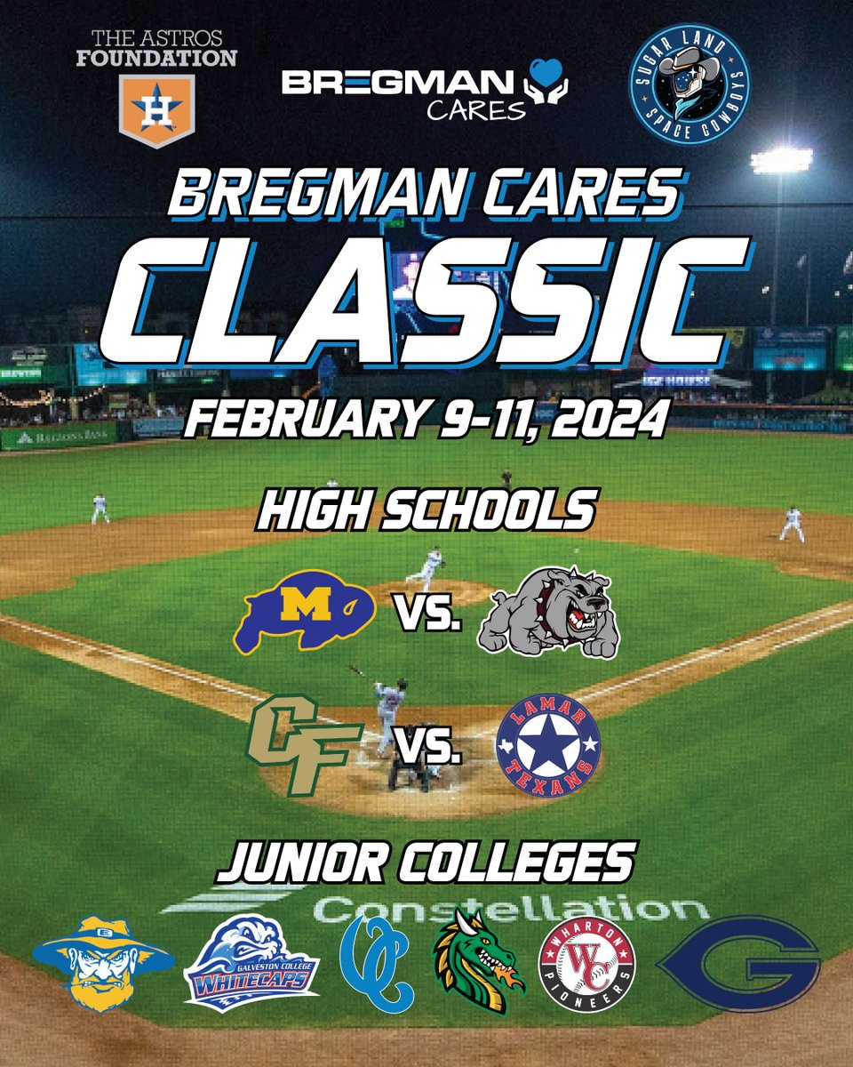 We're teaming up with the Bregman Cares Foundation and @AstrosCares to host the first annual Bregman Cares Classic here at @ConstellationEG Field Feb 9-11! The Bregman Cares Classic will feature four Title 1 Houston high schools + six top junior college programs that will square…