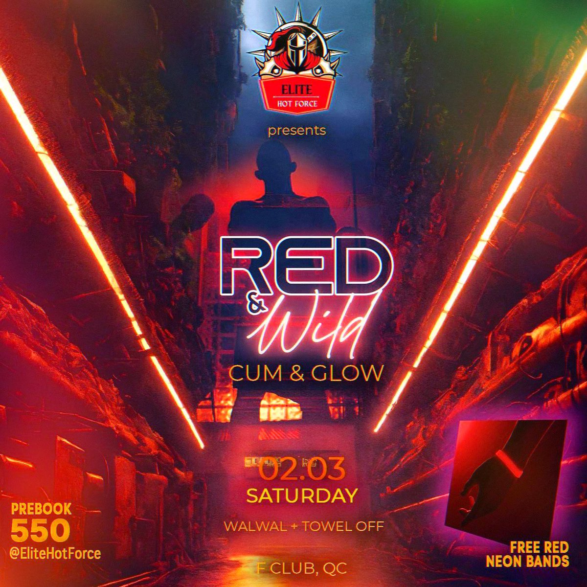 EliteHotForce's tweet photo. #RedAndWild

Join us for an evening of "Elite RED AND WILD Cum N’ Glow” at @fclub_manila Alabama St. Quezon City with the coolest gang in the world of group fun PH. 

Glow in the dark! Experience the new cruising sensation. 

It’s going to be fucking wild, hot and sweaty night as the hottest, coolest and freshest faces in the Philippines group fun goers come together. 

Unli drinks and towel off at the 3rd floor alley. 

February 3, 2024
6PM to 4AM
RED AND WILD
CUM N’ GLOW
Walwal + Towel Off

Free Flowing Cocktails
All in Red!

RASPBERRY ICED TEA
MINDORO SLING
POMELO GIN
SOJU STRAWBERRY

6PM-4AM!

No fucking time limit!

DM @EliteHotForce for prebooking. 

Prebooking Rate
₱550