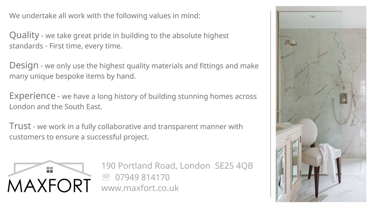 Maxfort_London's tweet photo. We work to a set of company values which helps our teams understand the quality of the solutions we present to our clients and build for them. https://t.co/W3K6r0btxl #CompanyValues #construction #interiordesign #buildingworks #designerhome #designerhomes #loftconversion #croydon https://t.co/Y8Awks2uxg