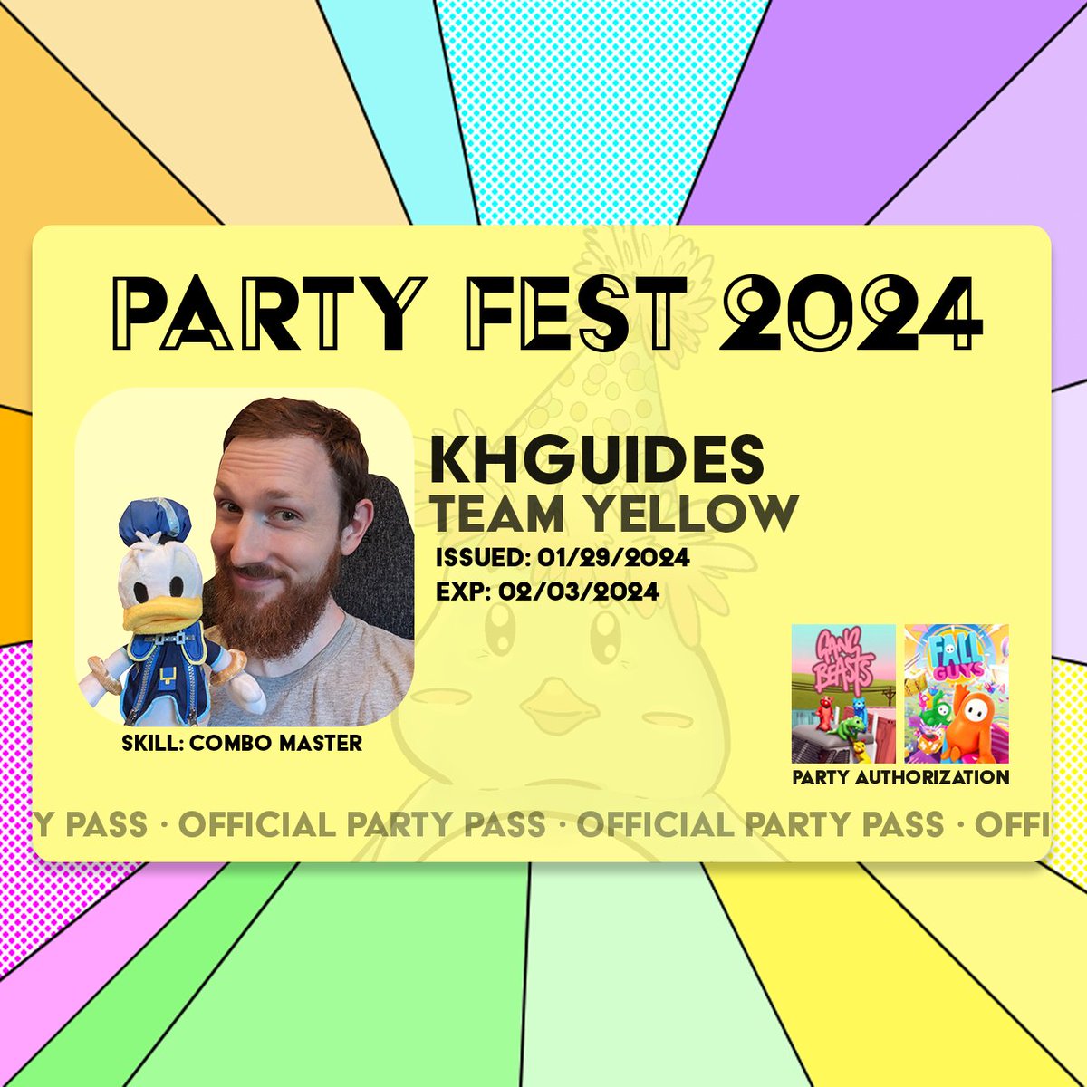 I'm super excited to participate in Gang Beasts as a member of ⭐ Team Yellow ⭐ during #PartyFest tonight! 🥳

Join me at 6pm Central on the @radiantgardenrs Twitch channel and cheer on the teams!