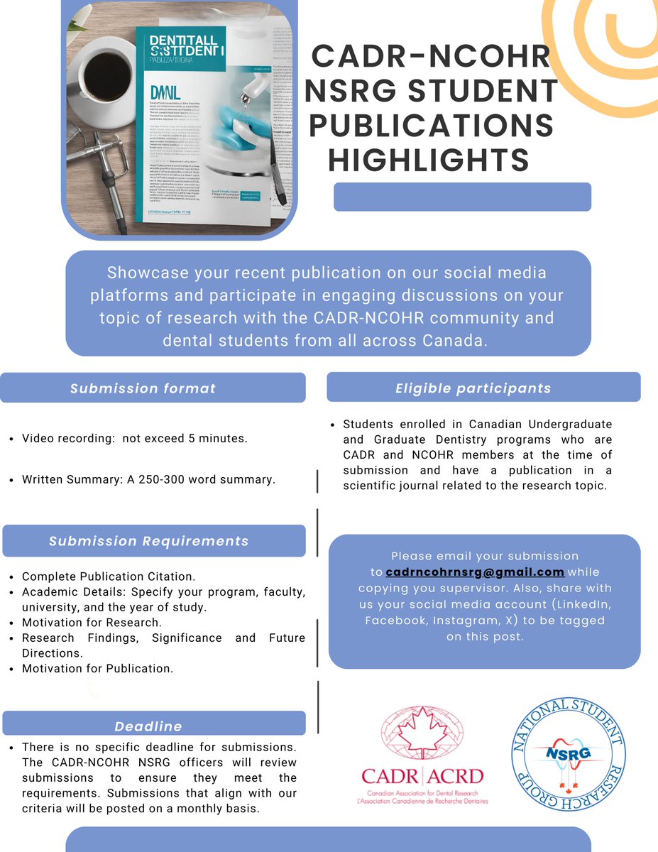 NSRG622385's tweet photo. Celebrate your scientific publication by sharing your journey with colleagues and friends. Participate in CADR-NCOHR NSRG's Student Publication Highlights for a chance to share your findings with the Dental Research Community. See poster for more details! https://t.co/R4sRDfOach