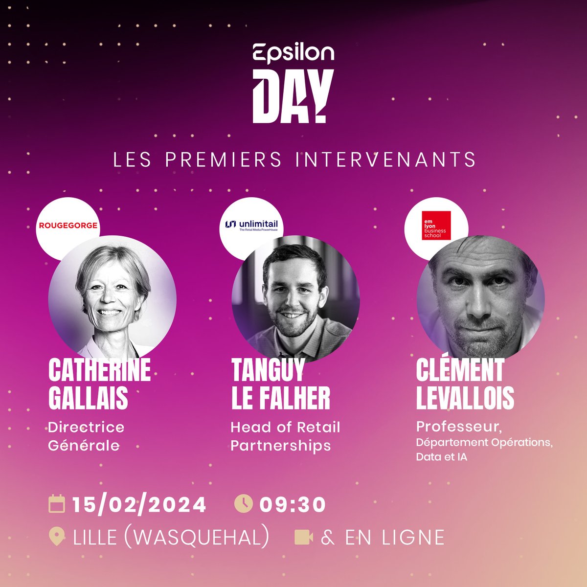 [#EpsilonDay J-15]
Nous vous dévoilons les premiers speakers pour cette 6ème édition animée par <a href="/LaureDebos/">Laure Debos</a> &amp; <a href="/SylvainBellier/">Sylvain Bellier</a> !
Nous sommmes ravis d'accueillir Catherine Gallais, <a href="/Tanguy_LF/">Tanguy Le Falher</a> <a href="/unlimitail/">Unlimitail</a>  &amp; <a href="/seinecle/">Clement Levallois / seinecle@ioc.exchange</a> <a href="/EMLYON/">emlyon business school</a>
📅15/02
📍#Lille ou en ligne
👉cutt.ly/OwZ6fZyv