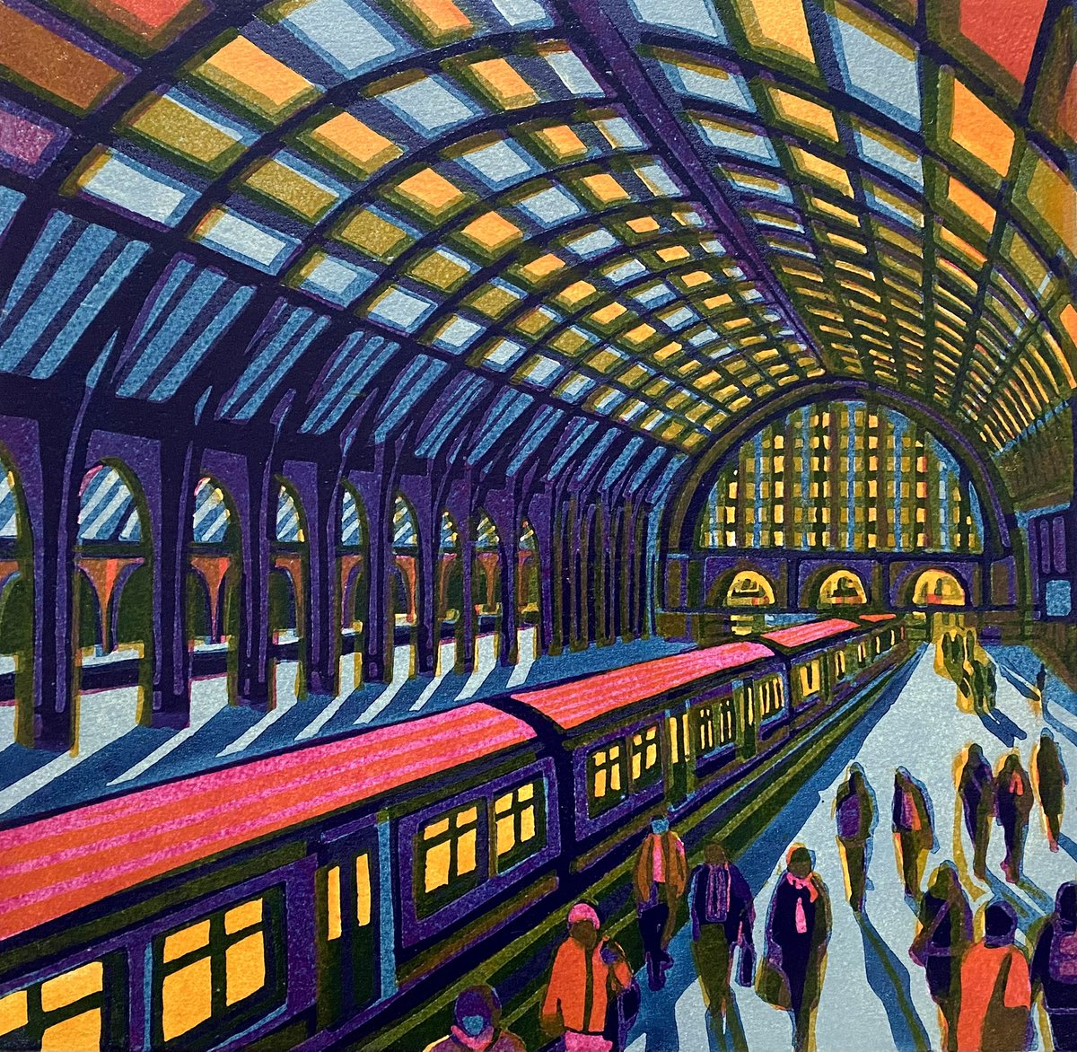 Four lino blocks - and the linocut they make! #King’sCrossStn #NewDayDawning