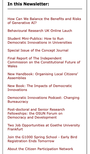 📰 February newsletter of the Citizen Participation Network, packed with events, training, new research projects, job opportunities, publications, podcasts & practical resources on all things #democracy #participation #demoinno #delibwave Open access 👉🏽 jiscmail.ac.uk/cgi-bin/wa-jis…