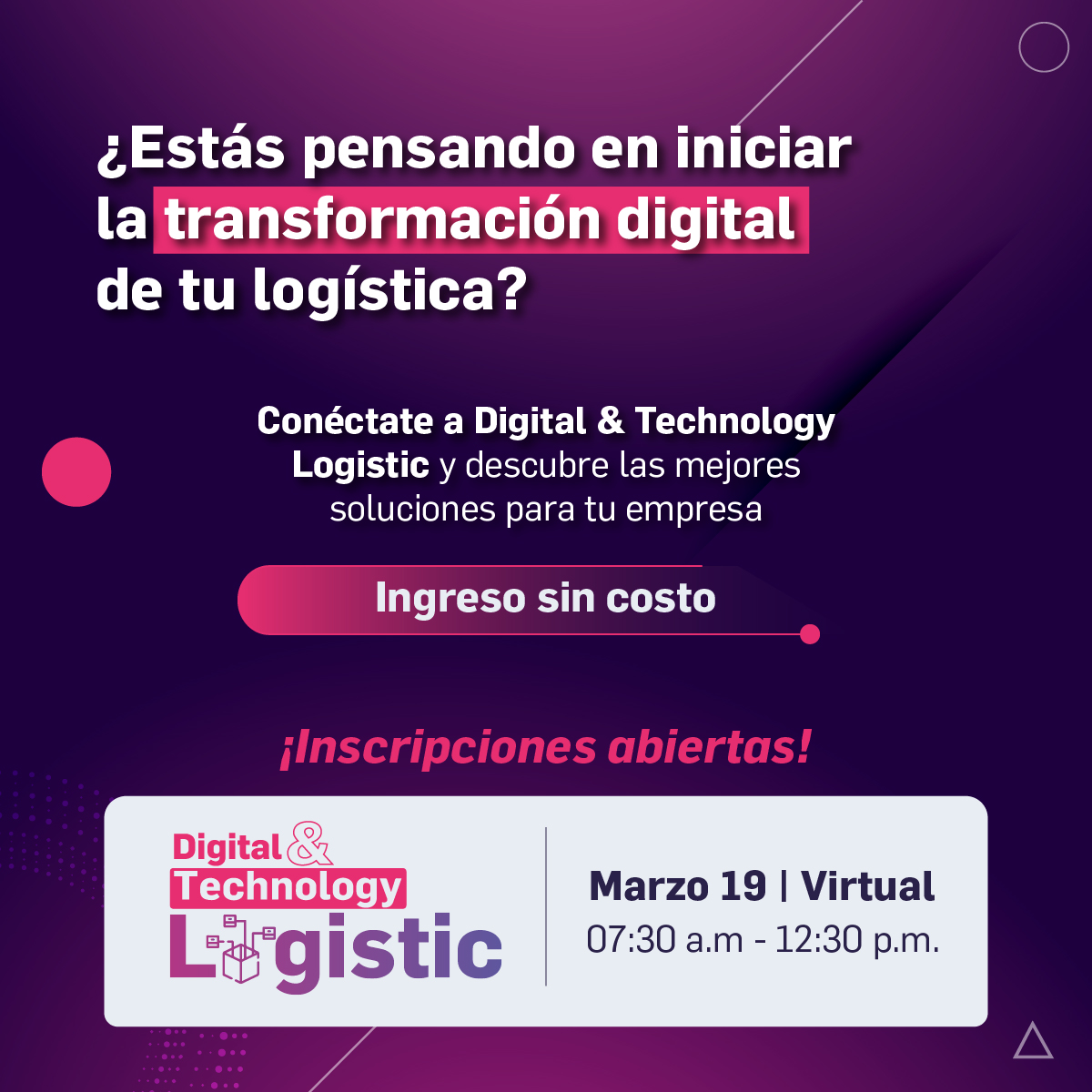 Si estás pensando en iniciar la #TransformaciónDigital de tu logística o ya emprendiste este camino, participar en #DigitalTechnologyLogistic, un evento que te conecta con proveedores y soluciones de tecnología logística.

👉🏻¡Inscríbete sin costo! bit.ly/49fyMwr