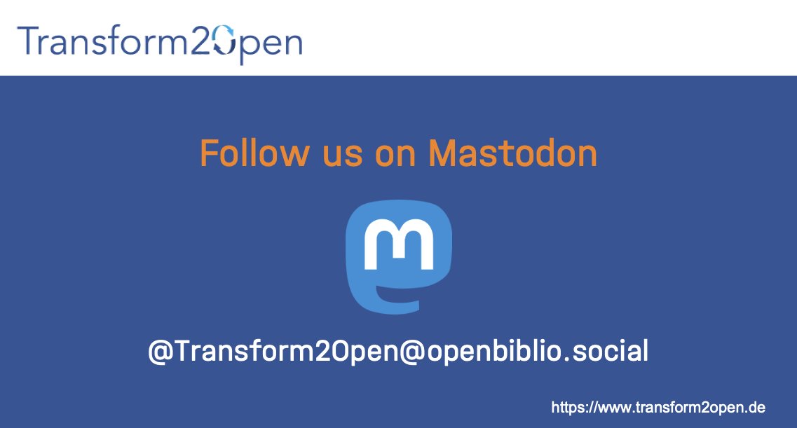Transform2Open's tweet image. Als Teil der #Openness Gemeinschaft hat sich das Transform2Open-Projektteam dazu entschlossen, das Engagement auf dieser Plattform einzustellen. 

Gerne tauschen wir uns über 🐘Mastodon aus @Transform2Open@openbiblio.social (lmf)