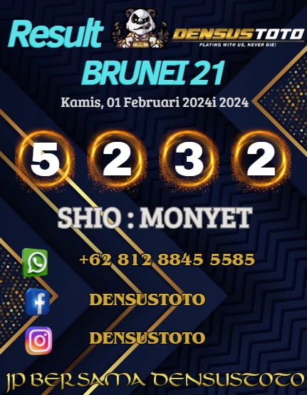 DensusToto's tweet photo. RESULT BRUNEI 21 KAMIS, 01 FEBRUARI 2024
>> 5232 SAHH
SHIO : MONYET
Selamat untuk member densustoto yang telah JP
#bruneipools #keluaranbruneipools #databruneipools #densustoto #daftardensustoto #Densustoto #logindensustoto https://t.co/3A0jrgaPHN