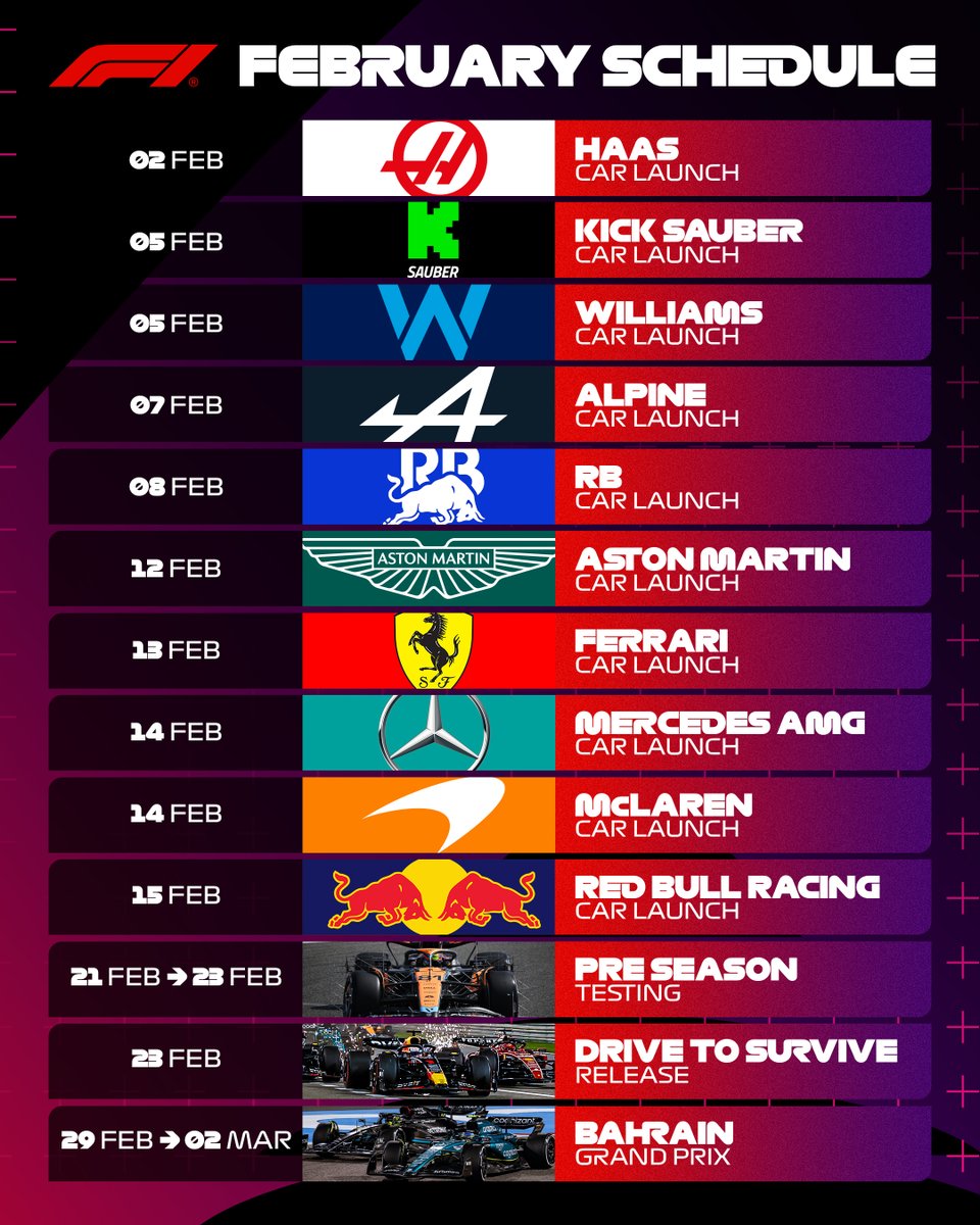 F1's tweet image. February is here and it&apos;s looking busy! 🤩

And, we&apos;ve got some dates you want to make sure are in your calendar 🗓️😉

Check out what&apos;s on this month! 👇

#F1