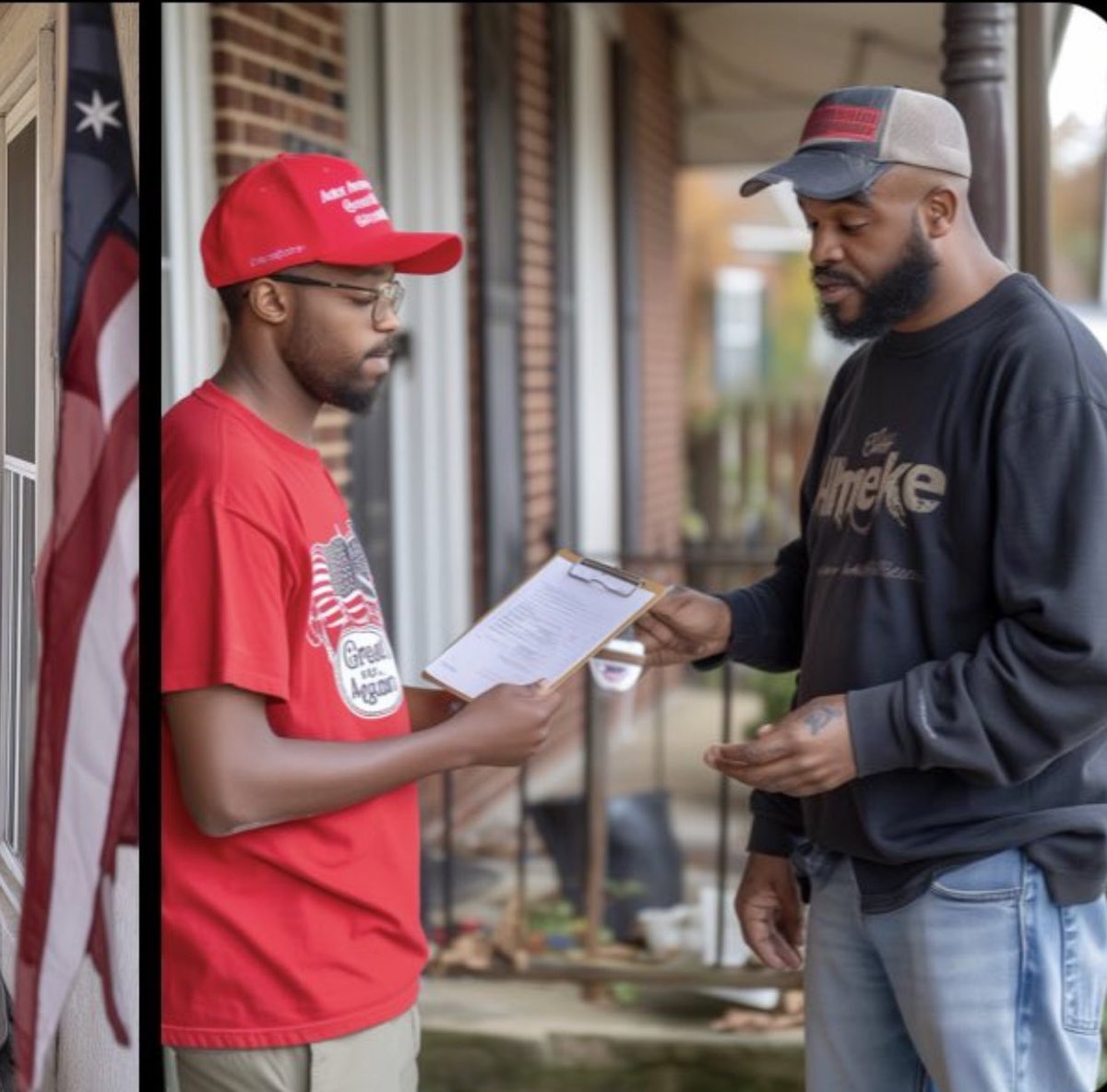 joncoopertweets's tweet photo. This photo was posted by a leading Republican political strategist to promote Black voter registration. The only problem is that the man on the right has THREE arms! 😳

His third arm makes it look like he’s ready to sign that voter registration form, doesn’t it? https://t.co/oDNRMgP9yH