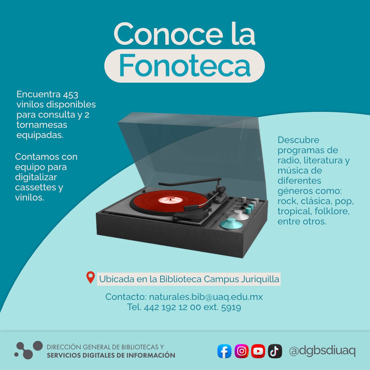 #Servicios | 🎧 ¿Sabías que en la Biblioteca Campus Juriquilla tenemos una #Fonoteca?

Conoce más detalles a continuación.

📀 Catálogo: bit.ly/49hHVV4

📀 Informes: naturales.bib@uaq.edu.mx

#DGBSDIuaq #BibliotecasUAQ #Querétaro #UAQ #libraries #Vinil #Tornamesa