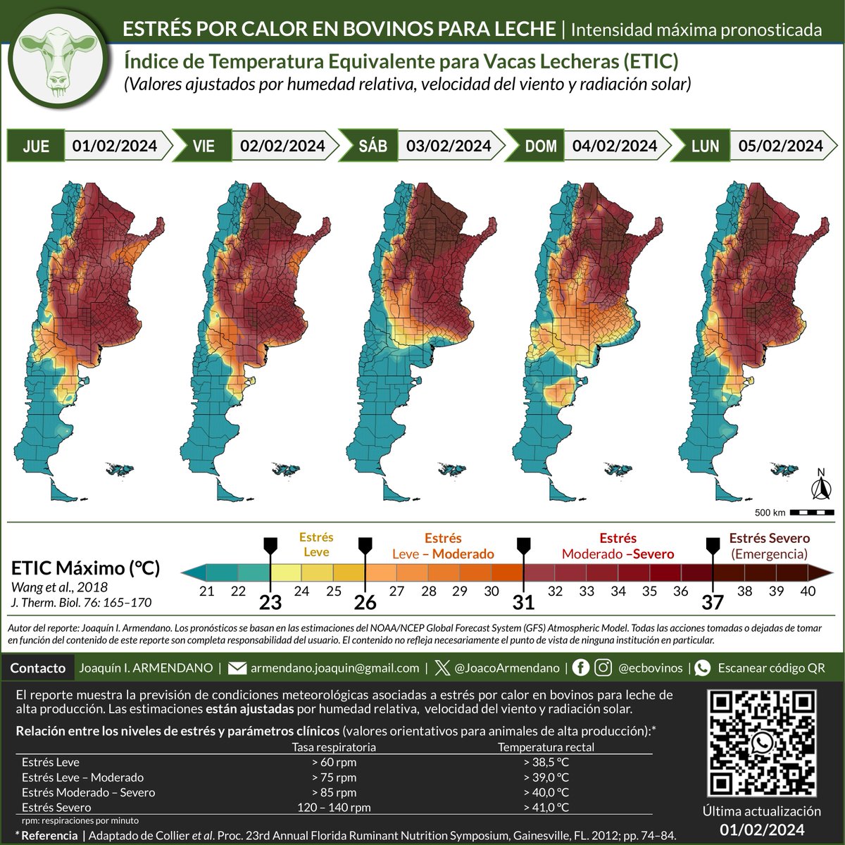 JoacoArmendano's tweet photo. Estrés por calor en bovinos 🌡️🇦🇷
🗓️ Jue. 01/02/24 al Lun. 05/02/24
⚠️🚨 SIGUE LA OLA DE CALOR

Cierre de semana con mucho calor.
Fin de semana con muy leve alivio en norte patagónico y sur de Bs As.
Lunes de calor extremo nuevamente.
Se recomienda extremar los cuidados. https://t.co/Cz1jTOWdGu
