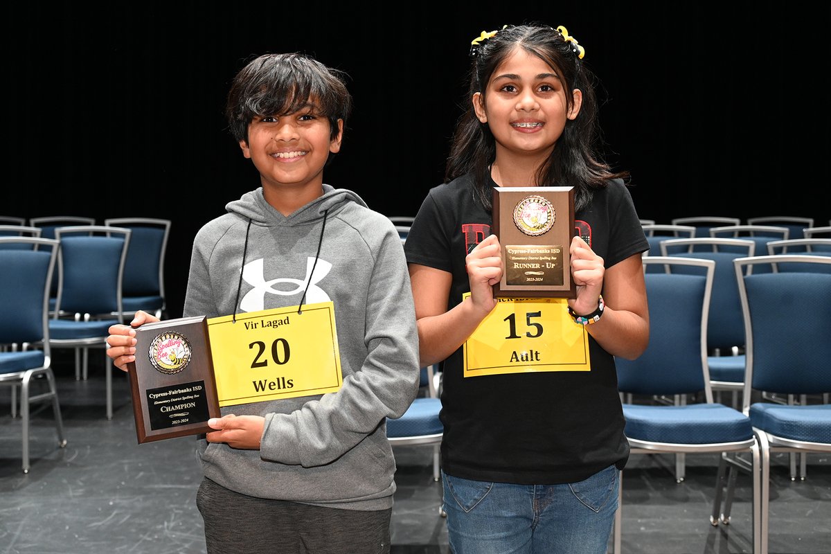 Congratulations to <a href="/CFISDWells/">Wells Elementary</a> fifth grade student Vir Lagad and <a href="/AultElem/">Ault Elementary</a> fifth grade student Mahek Ibraheem for winning first and second place, respectively, at the CFISD Elementary Spelling Bee! cfisd.net/site/default.a… #CFISDspirit 🎉🏆🐝