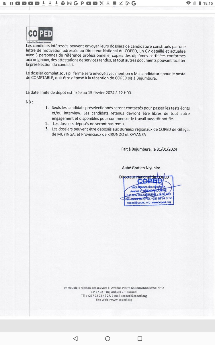 Dans le cadre de la mise en œuvre du Programme de santé WIYIZIRE Extension Activity, COPED, souhaite recruter 1 Comptable pour les opérations financières et comptables du projet dans le cadre d’appui aux partenaires membres du consortium.