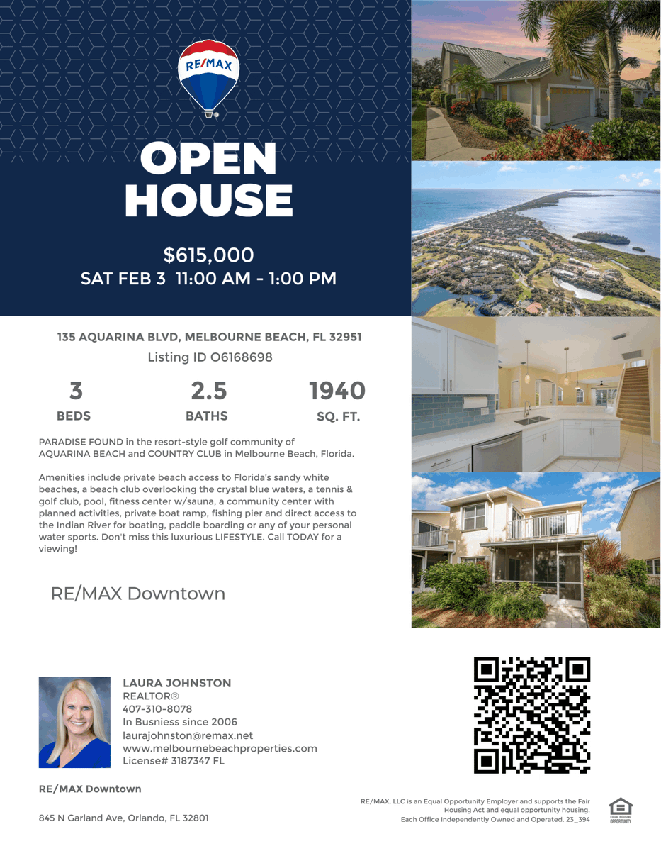 Open House SATURDAY, Feb 3rd - 11am to 1pm in Melbourne Beach - Resort-Style Golf Community

Hosted by @agentLaura407

See more at: downtown-orlando-fl.remax.com/property/24-O6…

#floridaliving #floridahomes #melbournebeach #centralfloridarealestate #spacecoast #beachlife #golfcommunity #openhouse