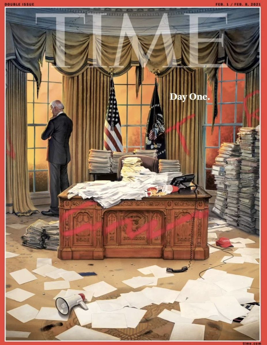 Biden replaces Trump in Oval Office, as rendered by Time Magazine in issue dated three years ago today: