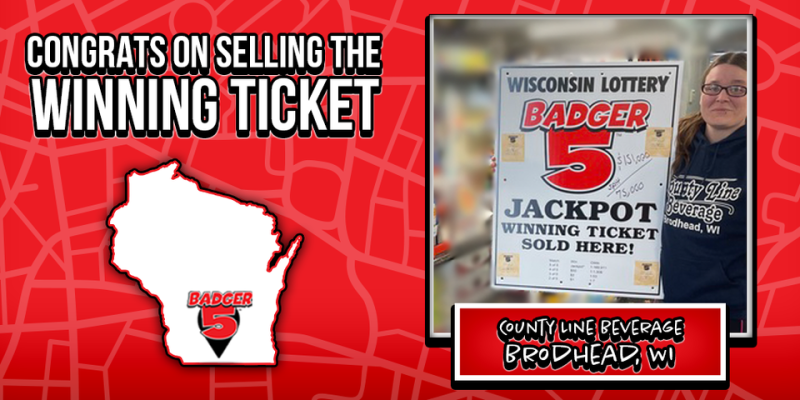 wilottery's tweet photo. #WILotteryAuthorizedRetailer
So this happened.
County Line Beverage in #Brodhead sold a winning $75,500 #Badger5Jackpot ticket recently.
Congrats County Line Beverage on selling the winning ticket. #WelcomeToWINsconsin
Learn more about #Badger5 at https://t.co/PZ8TsPBmXS. https://t.co/noFPbbWczk