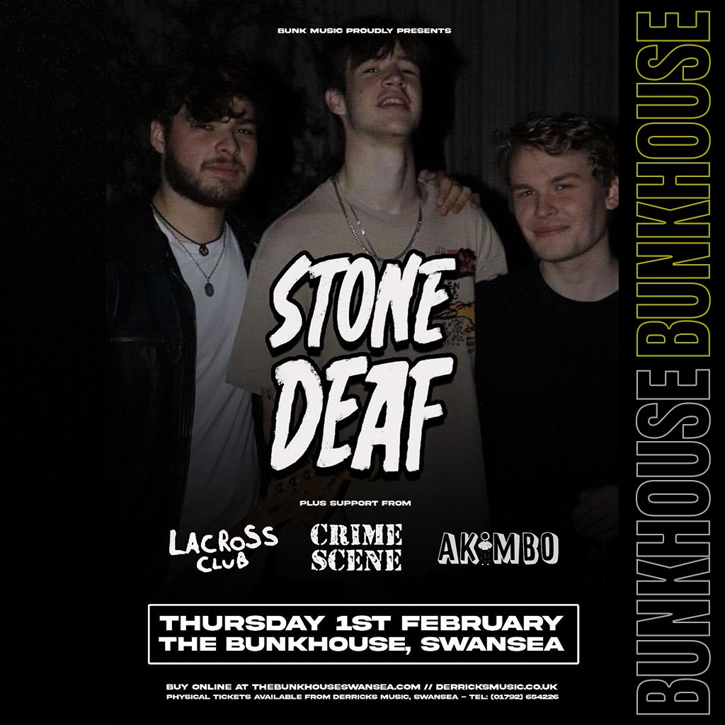 𝙏𝙊𝙉𝙄𝙂𝙃𝙏‼️
Swansea's indie alt-rockers <a href="/stonedeaf_uk/">Stone Deaf</a> return to the Bunk stage!! 🎸⚡

Joined by special guests:
LACROSS CLUB
Crime Scene
<a href="/akimboband__/">AKiMBO</a> 

🕕 Doors 18.00
🎟️ £5 ADV

Get tickets ⇨ bunkhousebar.gigantic.com/stone-deaf-tic…

#TheBunkhouse #BunkhouseSwansea #Swansea #StoneDeaf