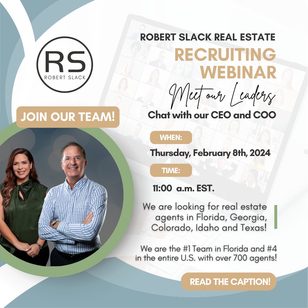 RobertSlackRE's tweet photo. Sell More Real Estate in 2024! Join our LIVE Recruiting Webinar. We are looking for experienced agents who want High Converting LEADS in Florida, Georgia, Idaho, Colorado, and Texas. Register Today - https://t.co/Uhe8bHfSQa

#robertslackrealestate #robertslackllc #recruiting https://t.co/eRJ3UKfgDx